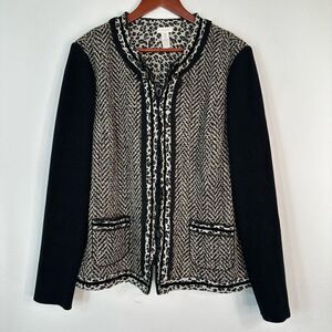 Chico’s Mixed Media Chevron Wool Blend Blazer Jacket Womens XL Leopard Trim